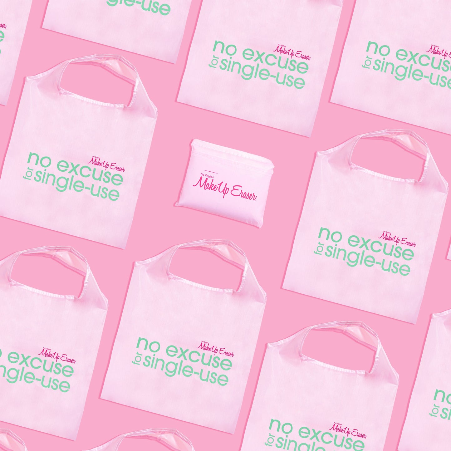 Multiple MakeUp Eraser Pink reusable tote bags.