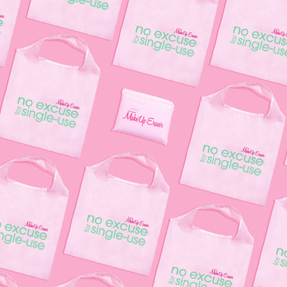 Multiple MakeUp Eraser Pink reusable tote bags.