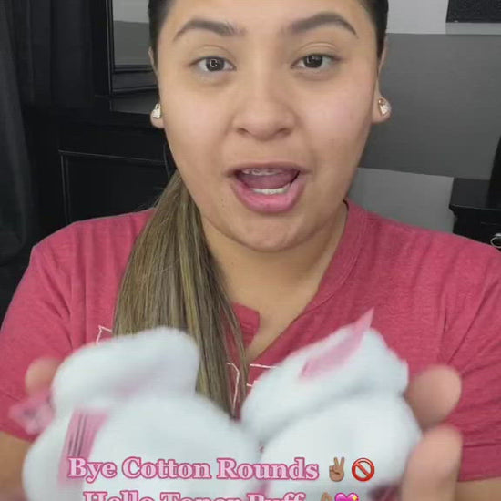 Woman applying skincare with Toner PUFF. Video calls out Toner PUFF is washable, reusable, less waste, and great for all skin types. 