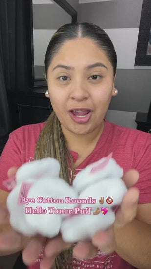 Woman applying skincare with Toner PUFF. Video calls out Toner PUFF is washable, reusable, less waste, and great for all skin types. 