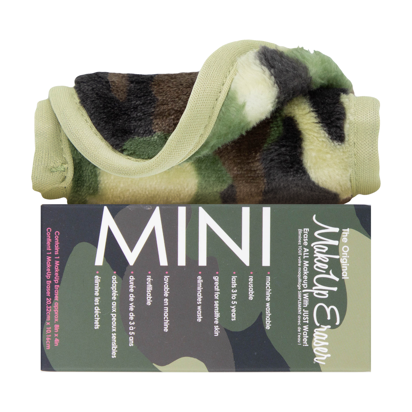 Rolled up Mini Camo MakeUp Eraser cloth on top of packaging.