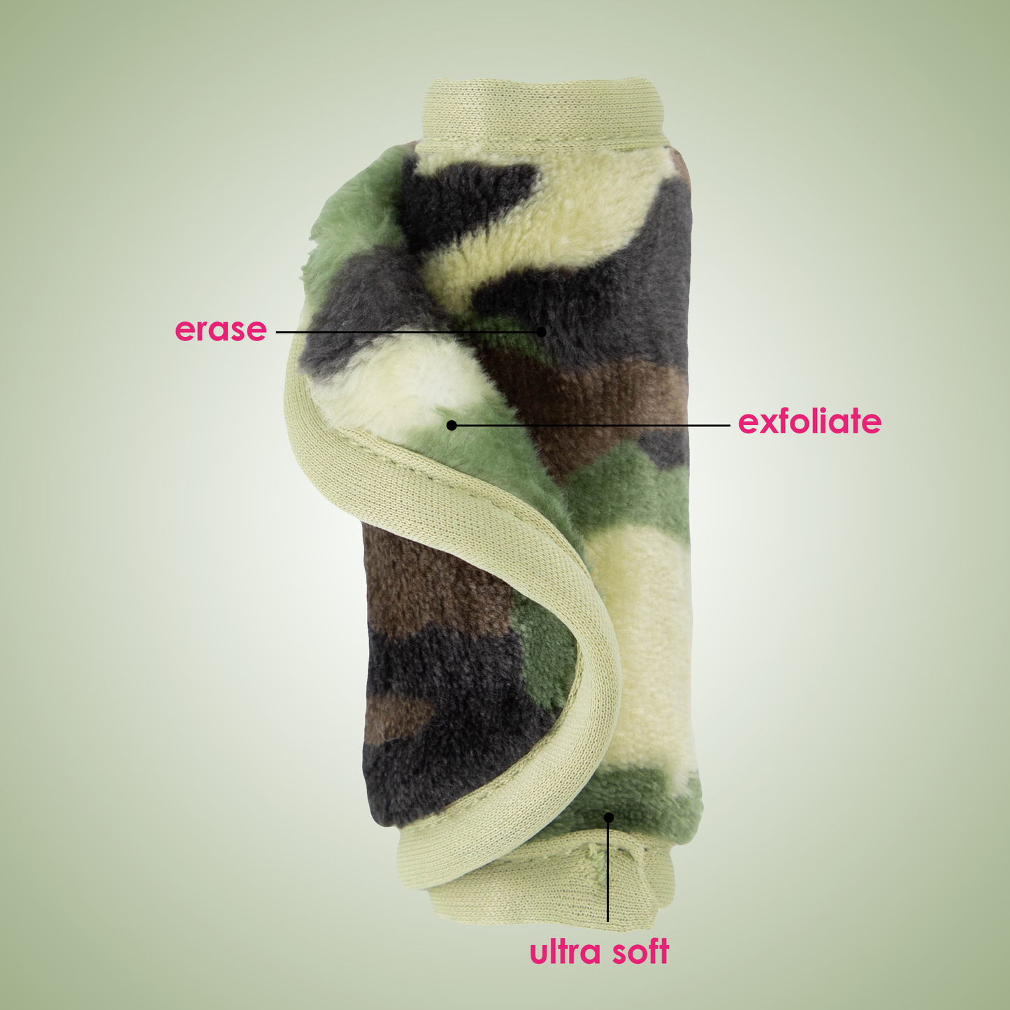Rolled up Mini Camo MakeUp Eraser with both sides exposed. The short fiber side is labeled as erase, and the long fiber side is labeled as exfoliate.